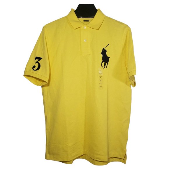 NWT Polo Ralph Lauren Mesh Polo Shirt S/S Classic Fit Yellow Navy Big Pony Sz S - Picture 1 of 6